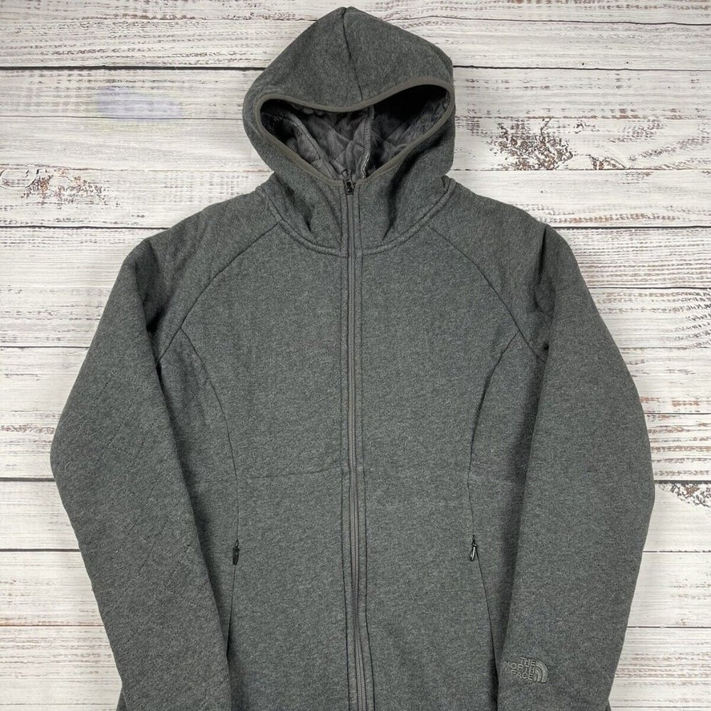 Women’s North Face Gray Quilted Fleece Zip Up Sweatshirt Long Jacket Coat Size L